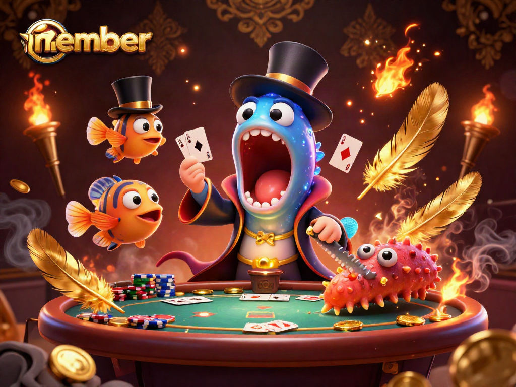 Member performing card tricks with vibrant characters and casino elements in a magical underwater scene.