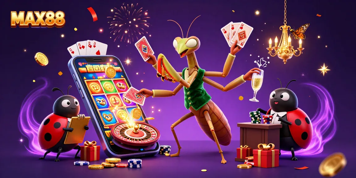 MAX88 casino scene featuring a giant praying mantis card sharp and a ladybug pit boss, enriching the gambling experience.