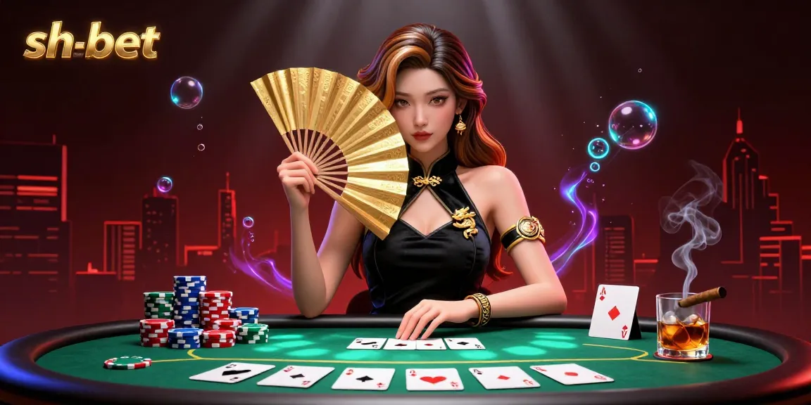 Engage in thrilling poker action with sh-bet's captivating casino illustration featuring a stunning Asian woman and vibrant game elements.