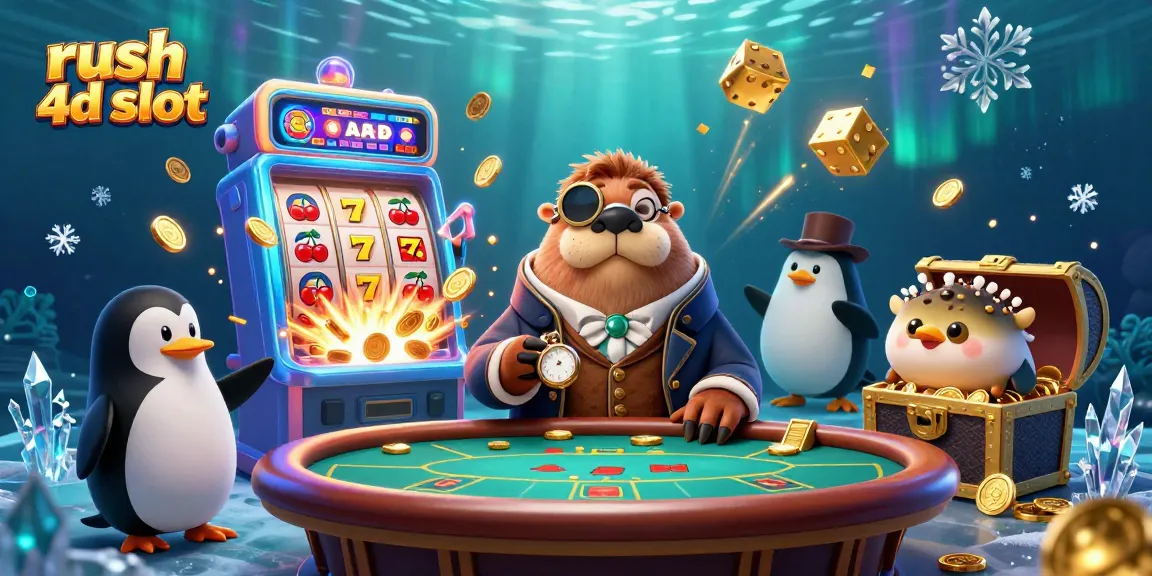 Slot 4d rush menarik dalam ilustrasi detail 3D, menampilkan walrus, dealer penguin dan pemain ikan.