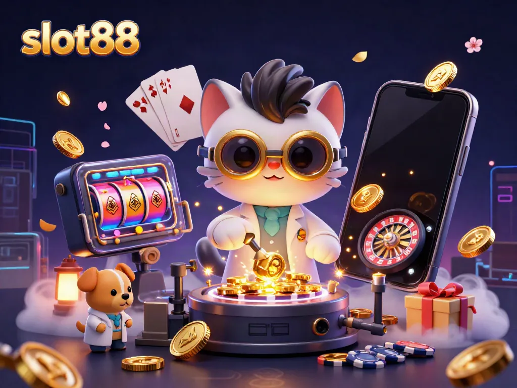Aksi permainan slot Slot88 dengan kucing ilmuwan dan anjing asisten di dalam lab yang penuh keajaiban.