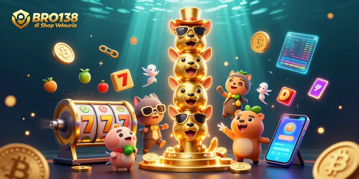 Engage with BRO138 di Shop Velouria through a vibrant slot game scene featuring animated 3D characters and casino elements.