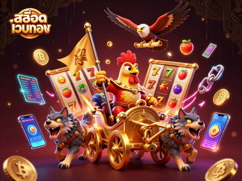 Play at สล็อตเว็บตรง with an exciting scene featuring a rooster warlord and slot symbols.