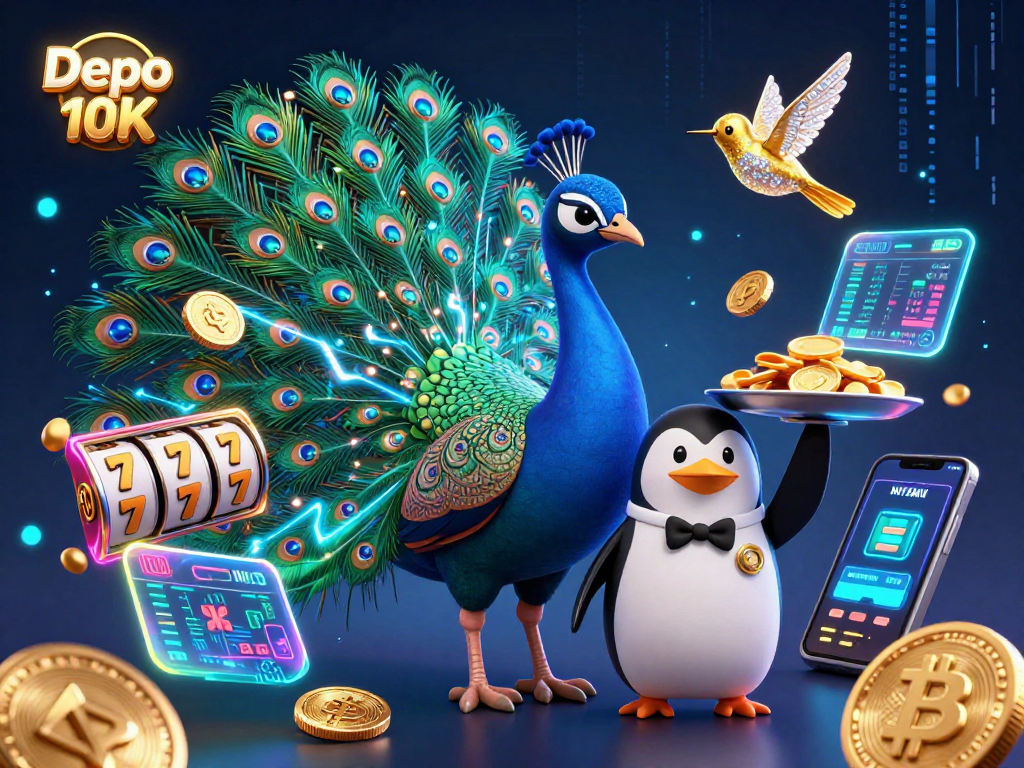 Play with Depo 10K for exciting jackpot slots amid vibrant 3D characters and crypto elements