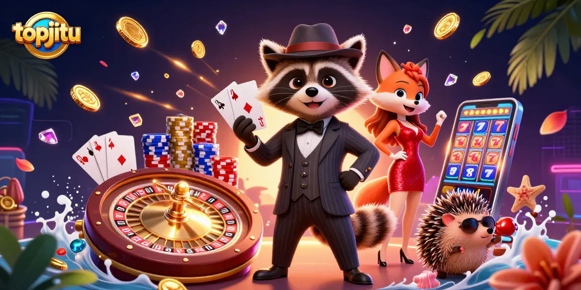Experience thrilling gaming at topjitu with a suave raccoon, elegant fox, and bouncer amidst casino excitement.