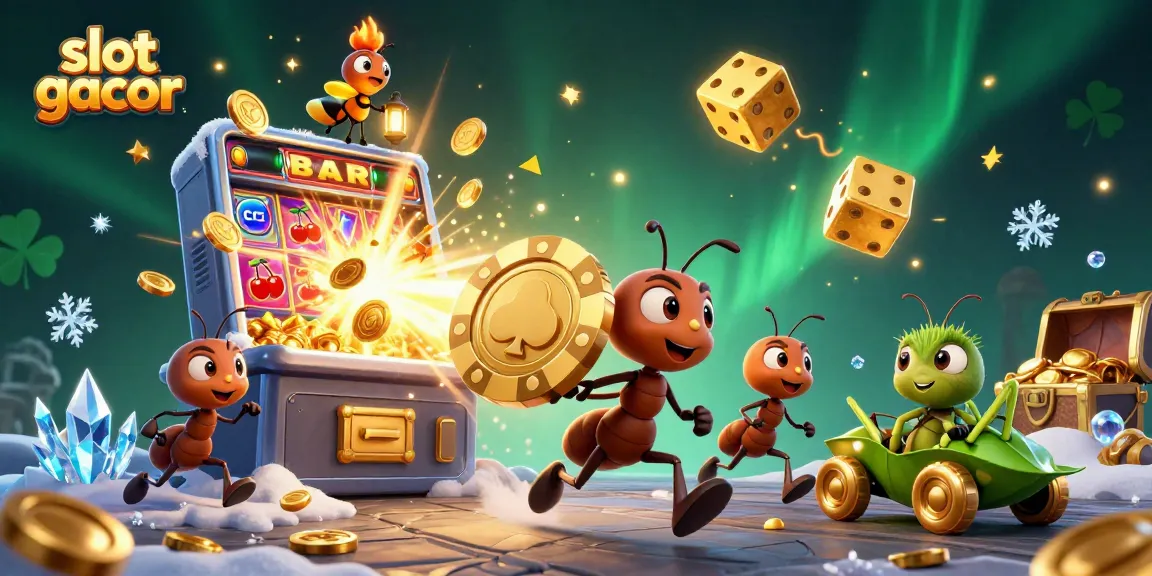 Slot gacor menampilkan ilustrasi 3D dinamis tim semut mencuri chip poker raksasa.