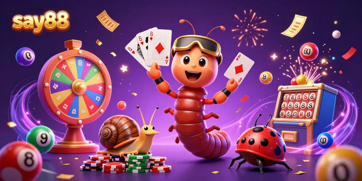 Engage with say88, thrilling casino moments depicted by a lively cartoon scene filled with excitement and games.