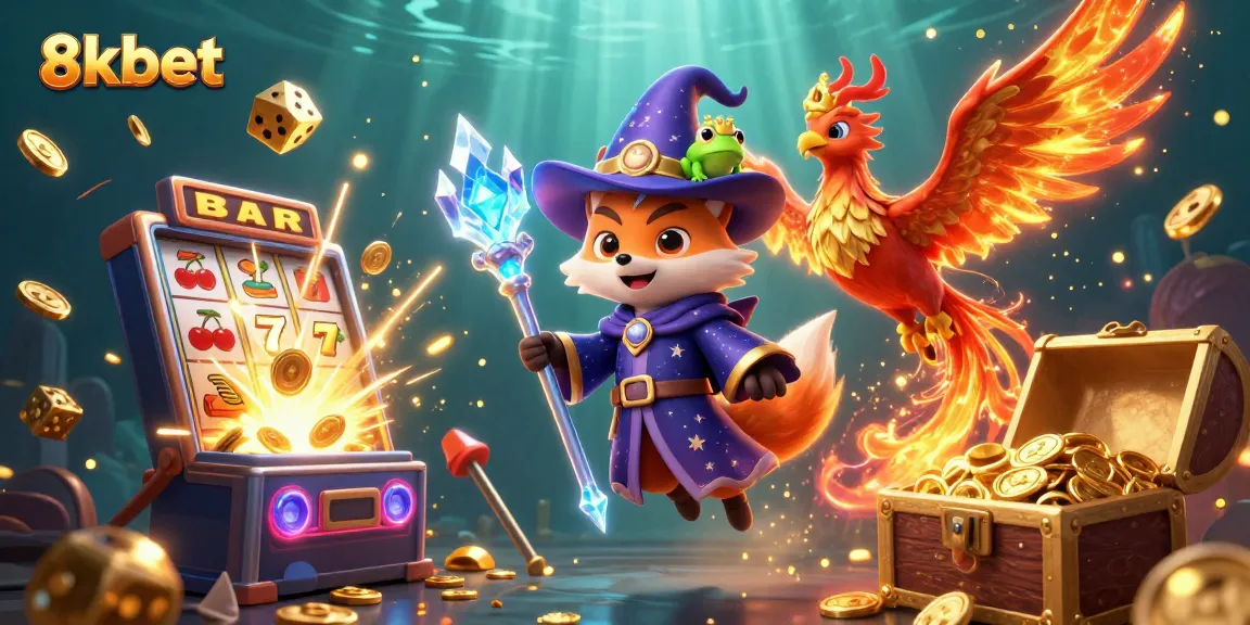 Experience the magical world of 8kbet with vibrant casino elements and characters in an enchanting scene.