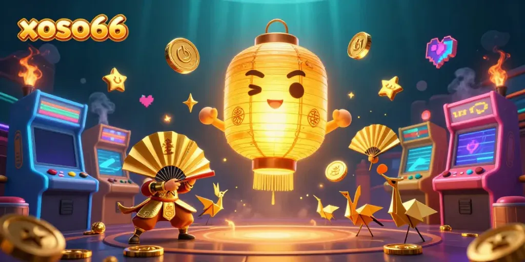 Engage in the vibrant world of xoso66 with a dynamic casino scene, featuring colorful gaming elements and lucky symbols.