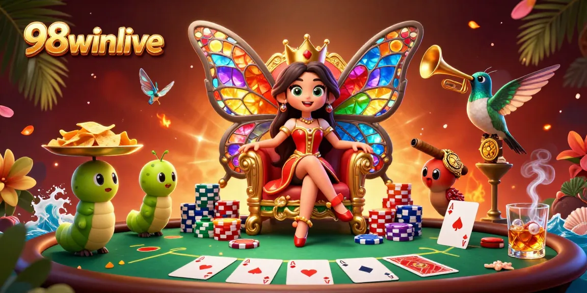 Experience the excitement of 98winlive with a vibrant casino scene featuring a butterfly queen and colorful poker elements.