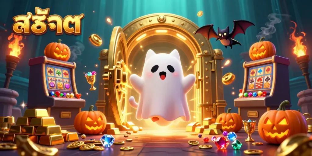 Experience the thrill of สล็อต in this vibrant haunted casino scene with captivating ghost cat characters.