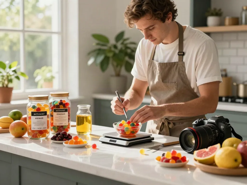 Activist Edibles gummy creations with fresh fruits and kitchen tools in a bright, inviting kitchen.
