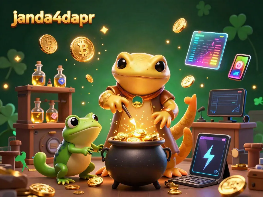 JANDA4DAPR memikat dengan ilustrasi 3D yang memukau, menggambarkan alkemis salamander emas dan elemen kasino digital.