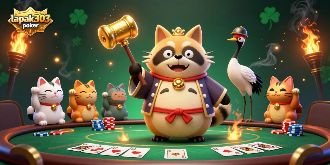 Gambarkan lapak303 poker dengan tanuki, crane, dan kucing keberuntungan dalam suasana permainan poker yang menyenangkan.