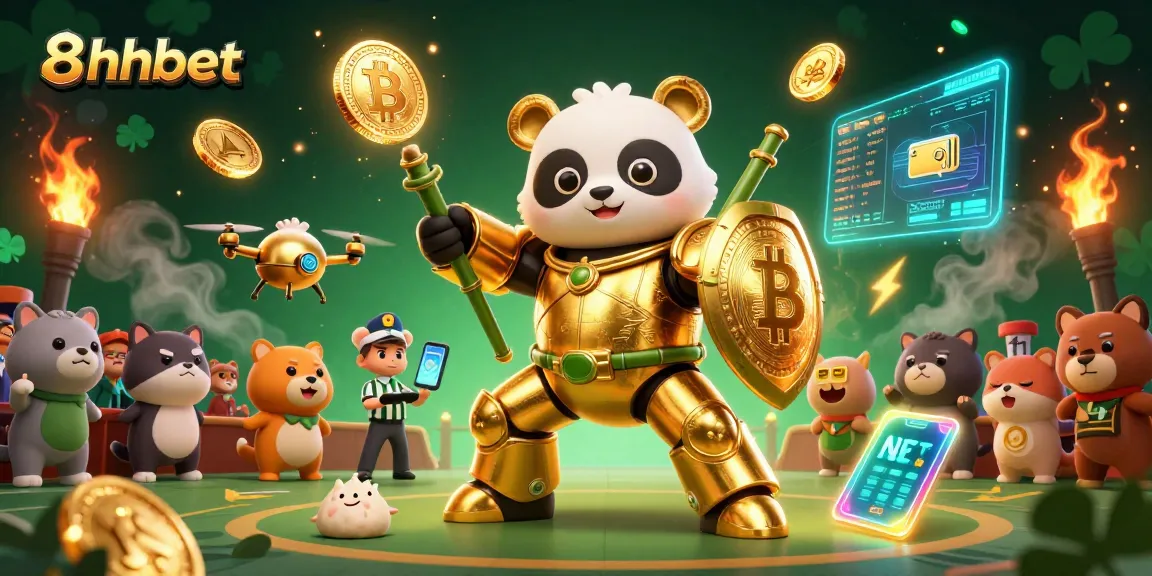 Engage in thrilling 8xbet gaming with dynamic 3D illustration of a mech-panda in action.