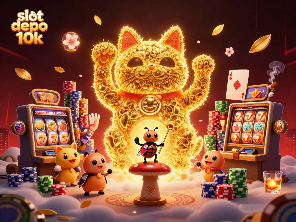 Engage with slot depo 10k in a vibrant 3D casino scene featuring a lucky cat and poker elements.
