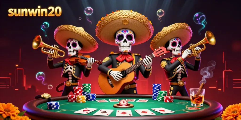 Experience an exhilarating game scene with sunwin20 at a lively poker table featuring colorful mariachi skeletons.