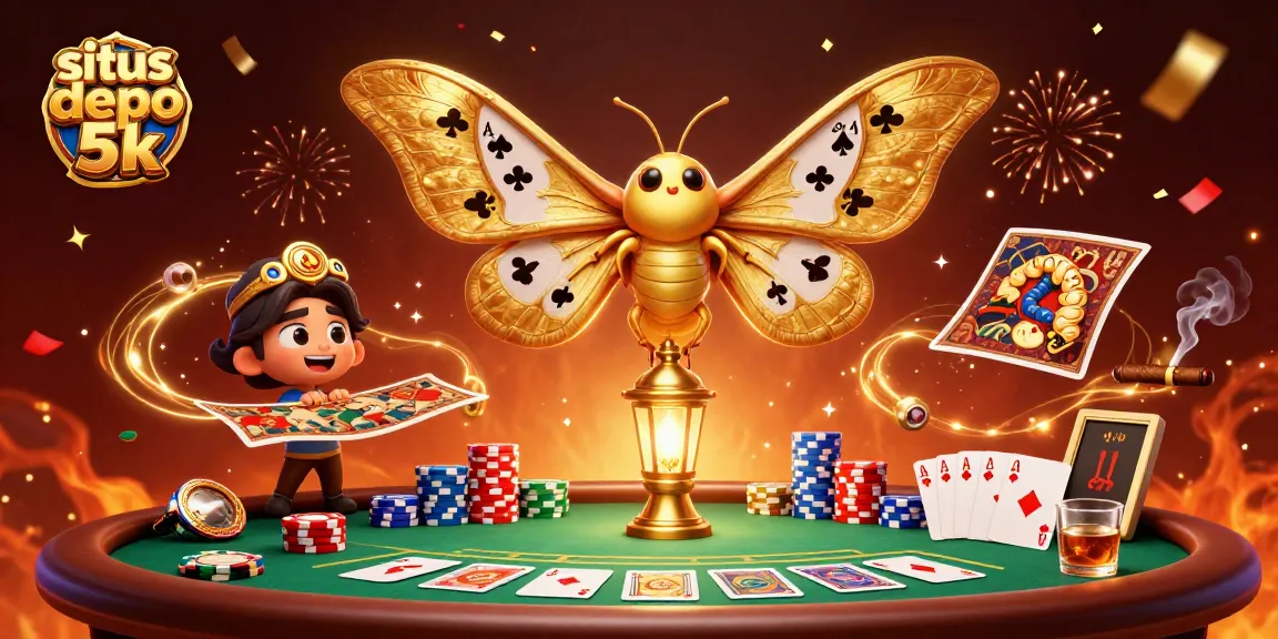 Engage with situs depo 5k and see a vibrant casino scene featuring a moth, poker elements, and golden threads.