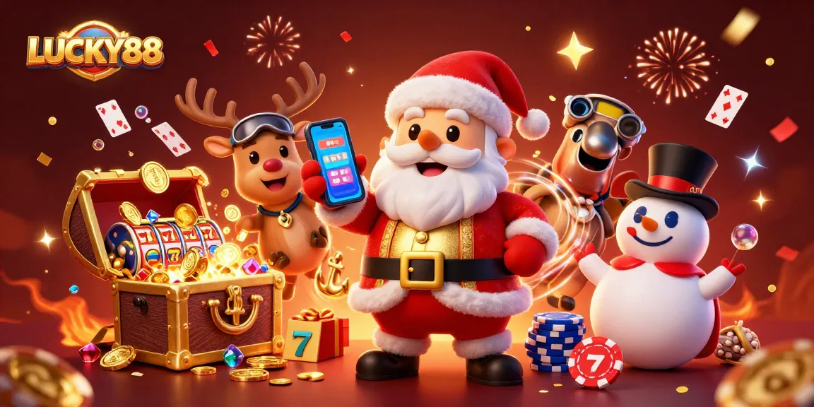 Engage with LUCKY88's thrilling slots, showcasing Santa and friends amidst vibrant casino elements.
