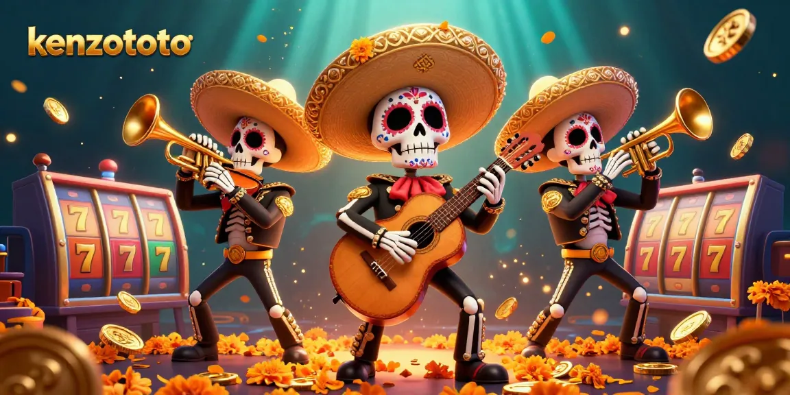 Kenzototo players spinning slot reels to win jackpots with vibrant day of the dead mariachi band.
