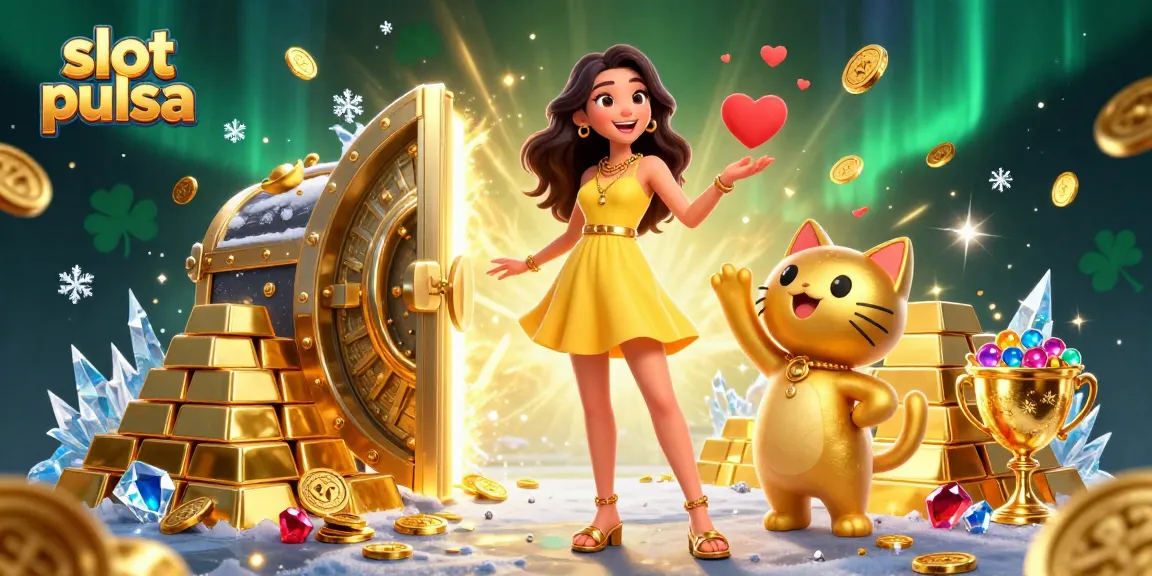 Experience slot pulsa excitement with a cheerful Asian woman and lucky cat amidst golden treasures.