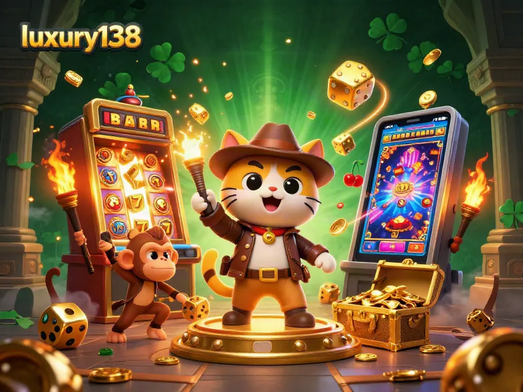 Experience luxury138 with a 3D cat archaeologist discovering casino treasures in an ancient temple.