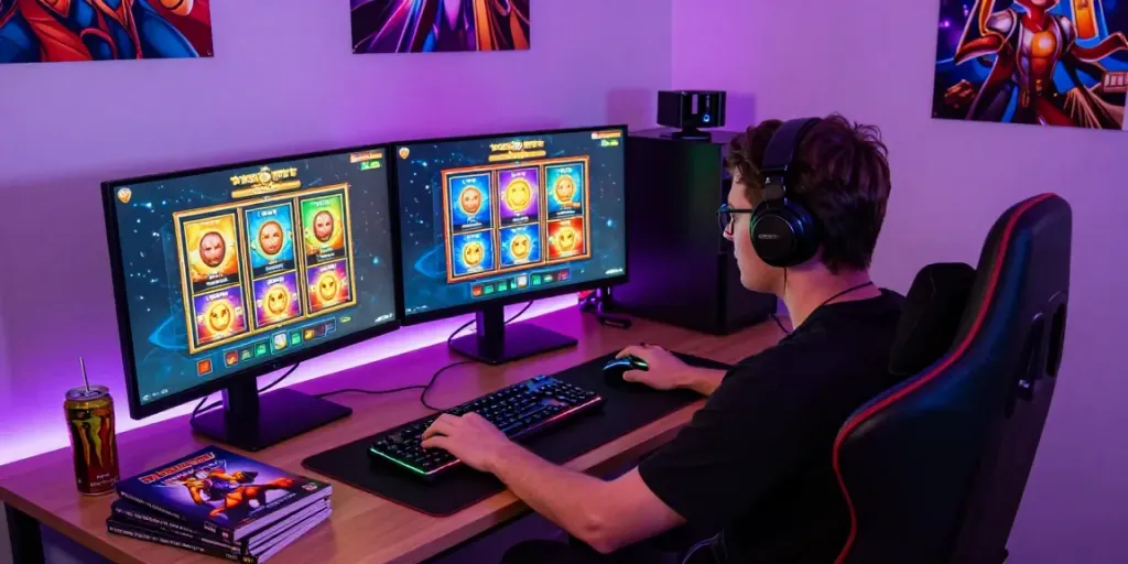 Immersive gaming setup showcasing slot gacor gameplay with vibrant screens and neon lighting.