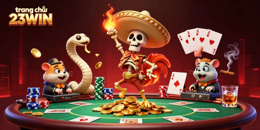 Engage with the exciting world of gambling at trang chủ 23WIN, featuring lively casino characters amidst colorful poker elements.
