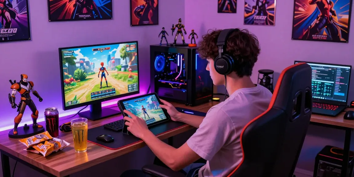 Gamer immersed in an android hentai game, surrounded by colorful gaming lights and collectibles.