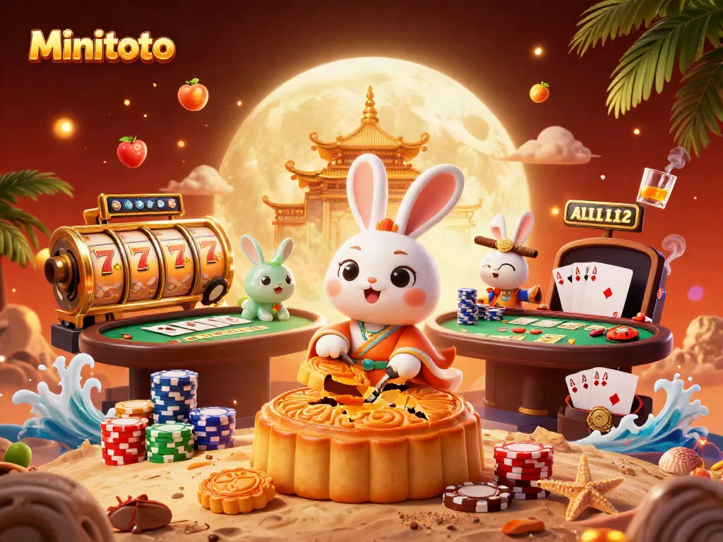 Minitoto menghadirkan ilustrasi kasino fantastis dengan pelanggaran simbol slot dan chip poker.