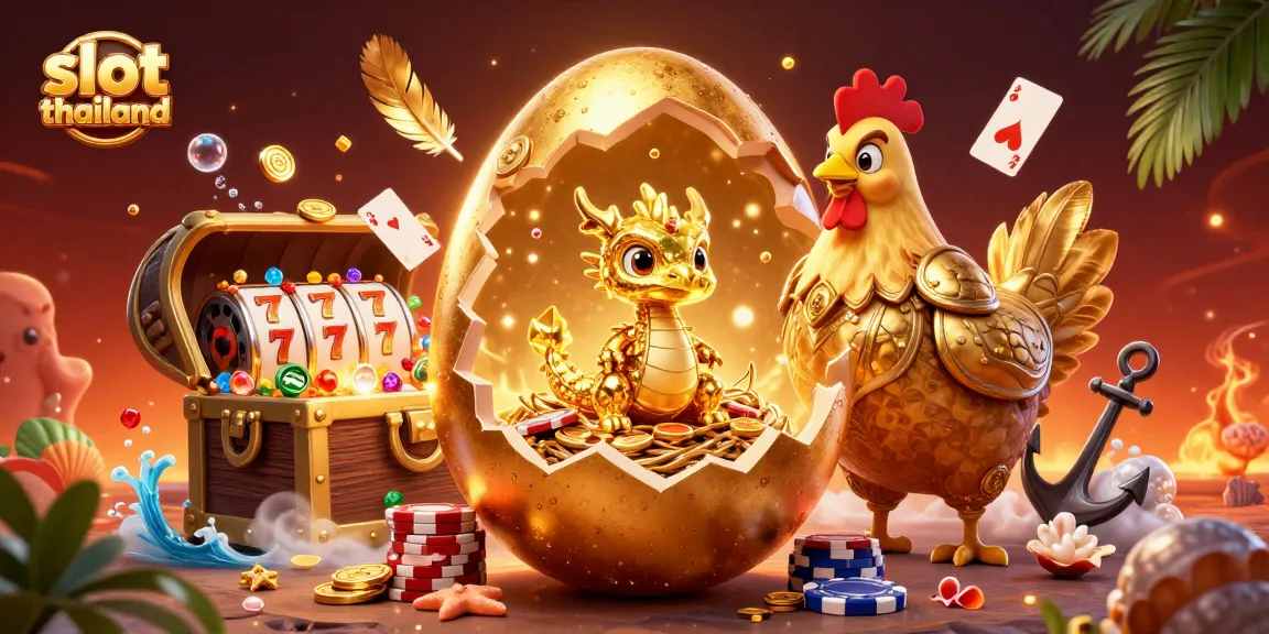 Experience the thrill of slot thailand with a golden dragon guarding poker chip treasures in this vibrant illustration.