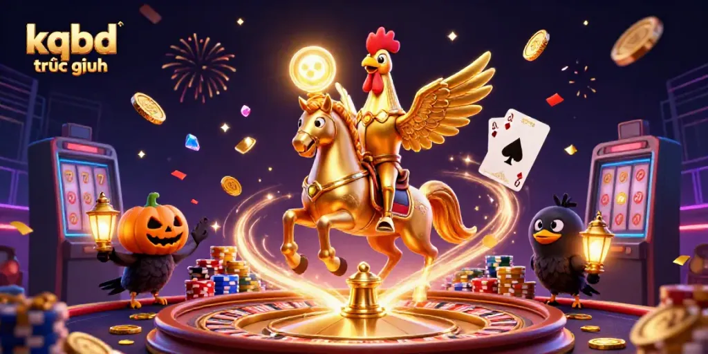 Engage with kqbd trưc tuyên in this vibrant scene of a golden rooster and crows in a lively casino atmosphere.