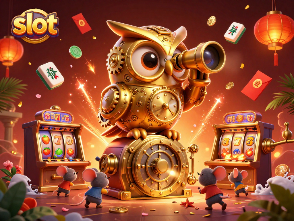 Spin the slot reels with characters amidst a casino atmosphere featuring a golden owl and tiny mice.