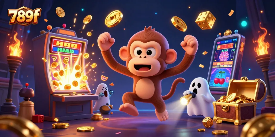 Experience 789f's thrilling casino adventure with a ghost-hunter puppy tracking a mischievous monkey in a vibrant atmosphere.