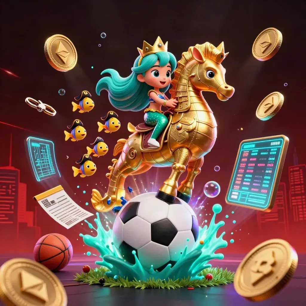 Mermaid princess on armored seahorse amid casino coins, soccer ball, teal glow, dark skyline.