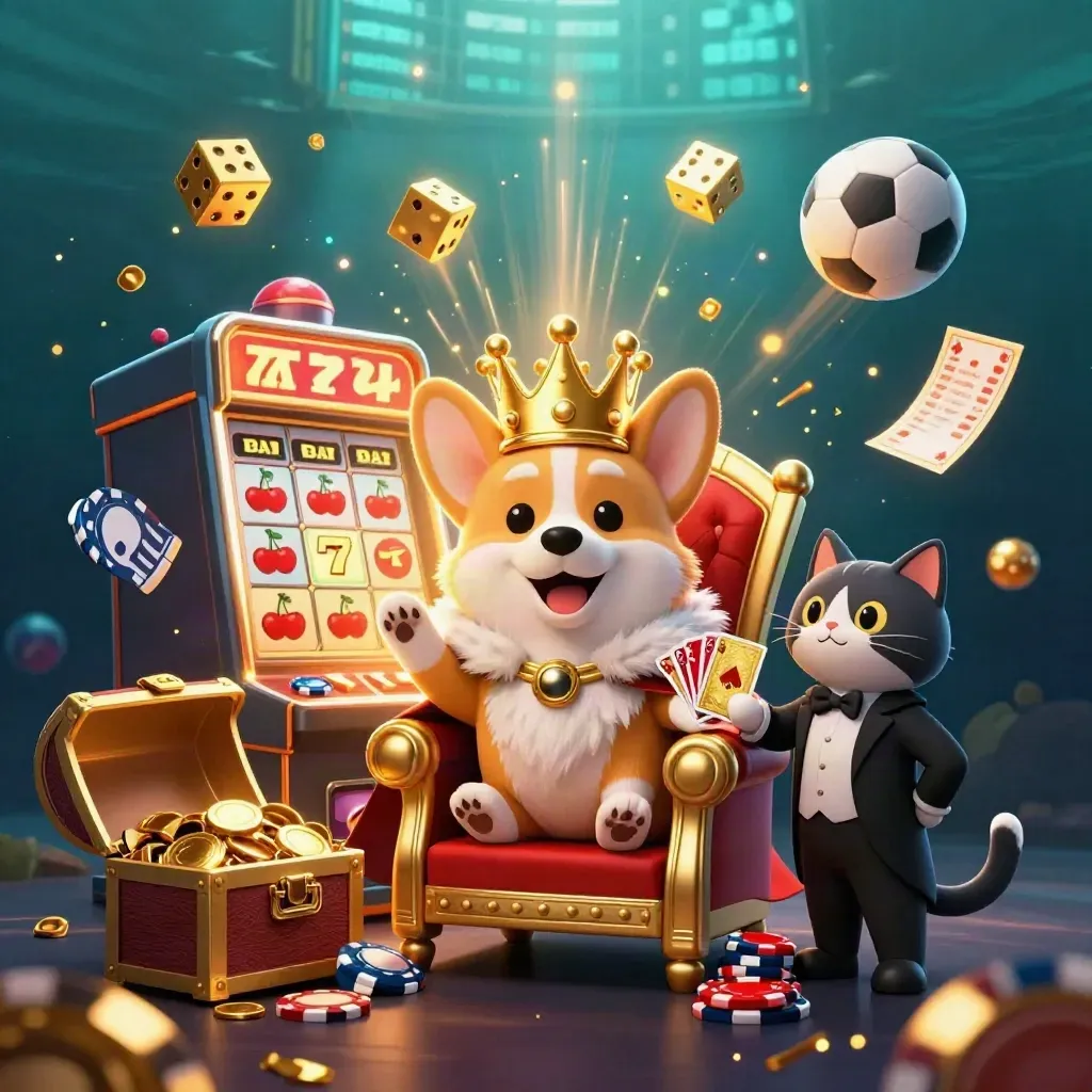Royal corgi and cat butler amid casino jackpots, gold, dice, and sports balls in teal light.