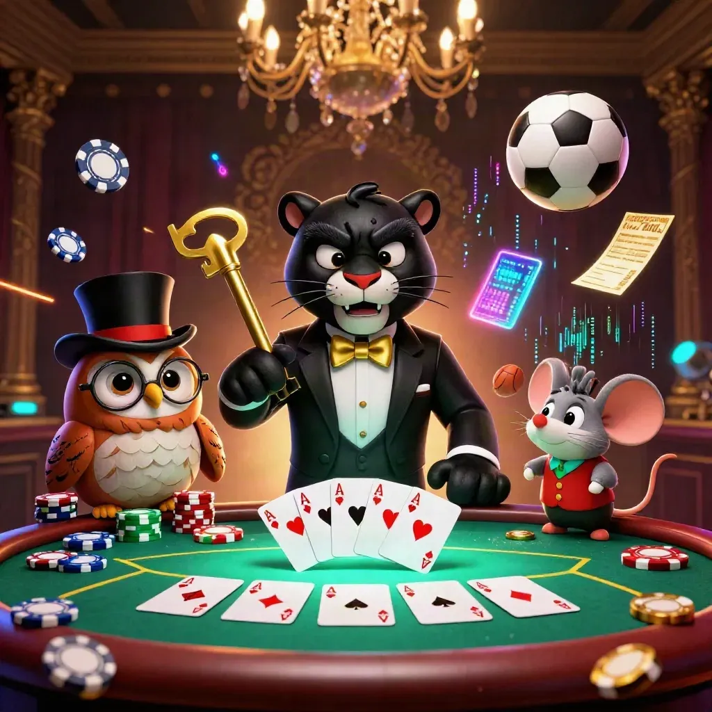 Panther, owl, and mouse deal glowing casino cards amid flying chips, balls, and neon luxury effects.