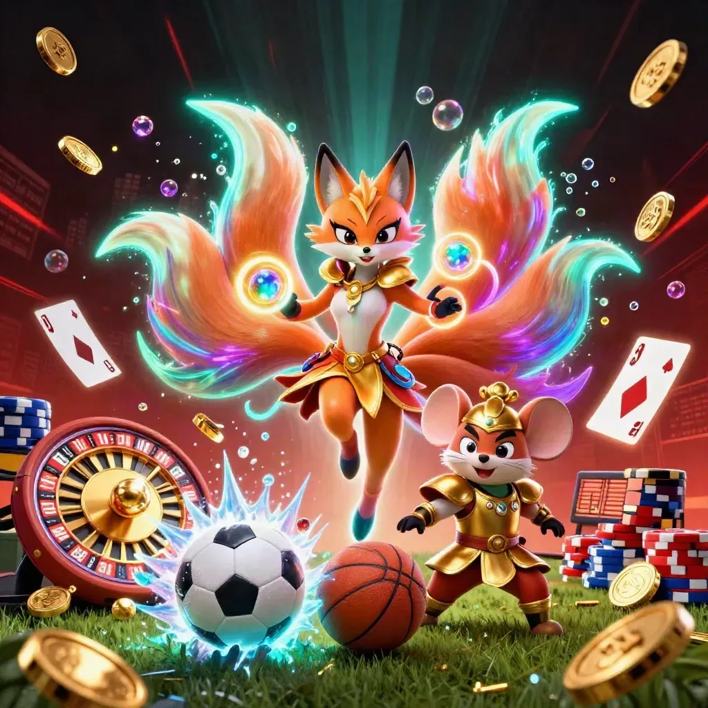 Neon fox spirit and armored mouse amid casino chips, coins, balls, and glowing city lights.