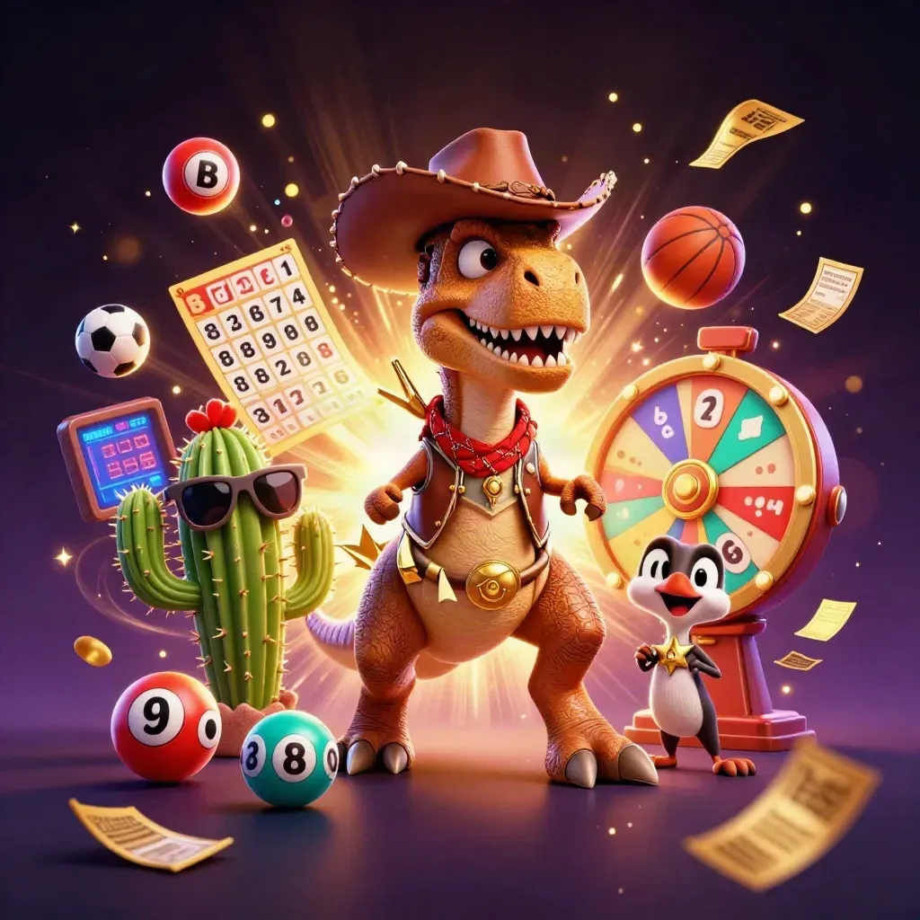 Cowboy T-Rex, cactus, and roadrunner burst with casino props, gold glow, and neon energy.