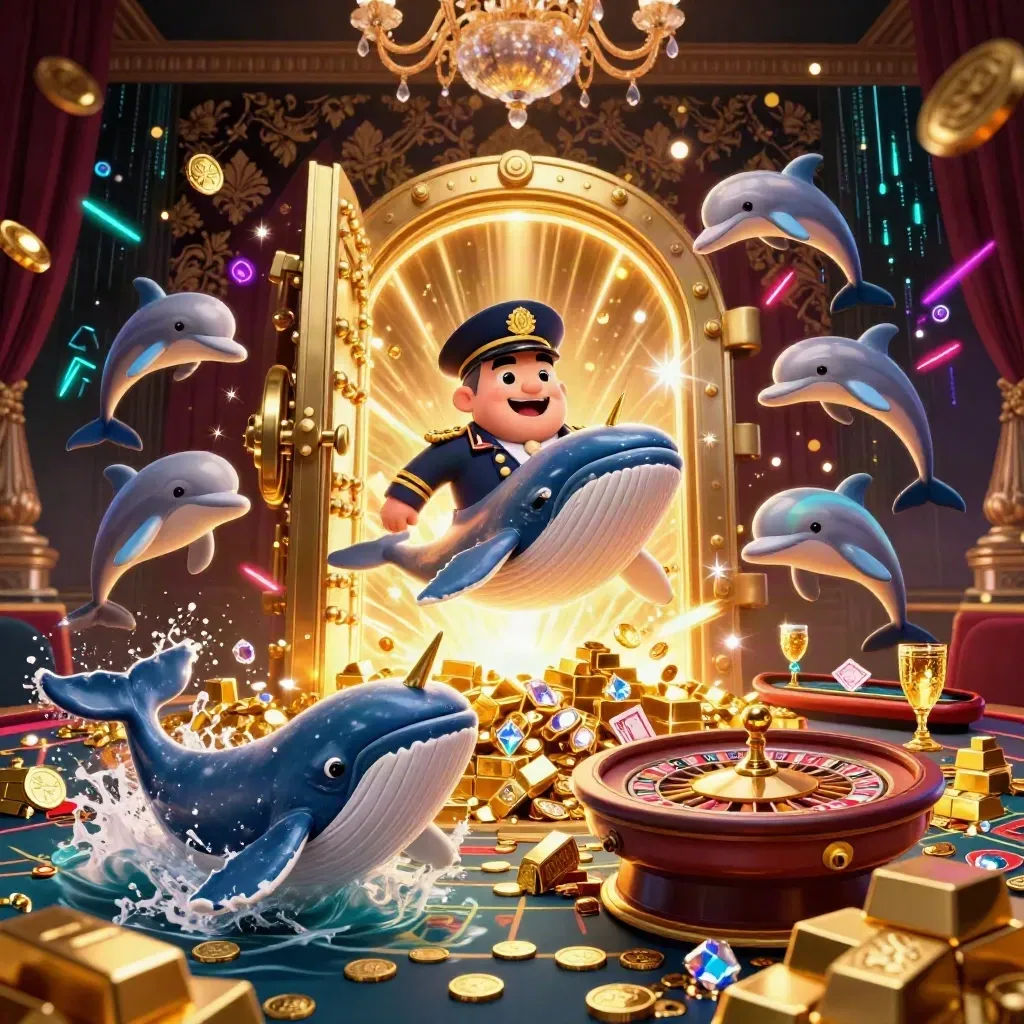 Cartoon whale, narwhal, and dolphins burst through coins in a luxe casino with vault glow.