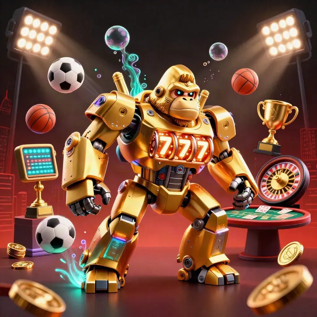 Golden gorilla mech with monkey pilot amid casino props, sports balls, lights, coins, and neon glow.