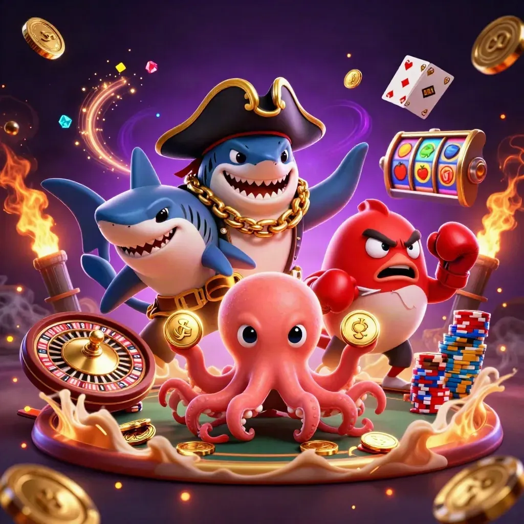 Pirate shark, boxing pufferfish, and octopus amid casino coins, gems, roulette, and neon starfield.