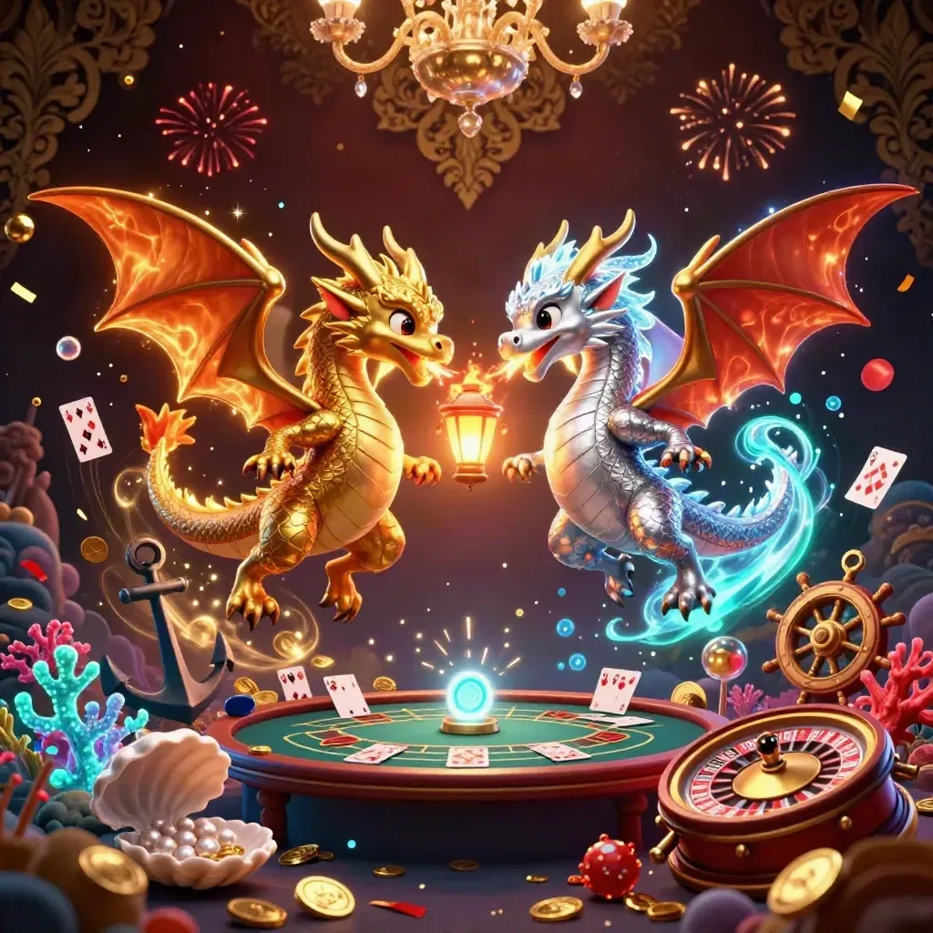 Twin gold and silver dragons in a luxe casino cove with coin shower, cards, and chandelier bokeh.