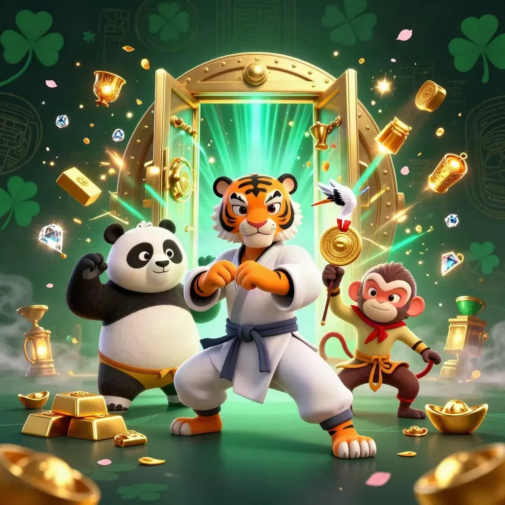 Kung-fu tiger, panda, and monkey burst from a glowing treasure vault amid gold and teal magic.