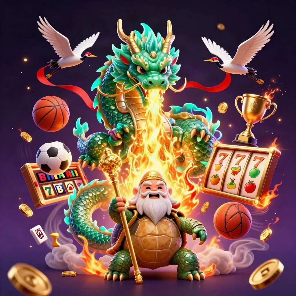 Jade dragon, turtle sage, and cranes amid casino gems, sports balls, coins, and glowing effects.