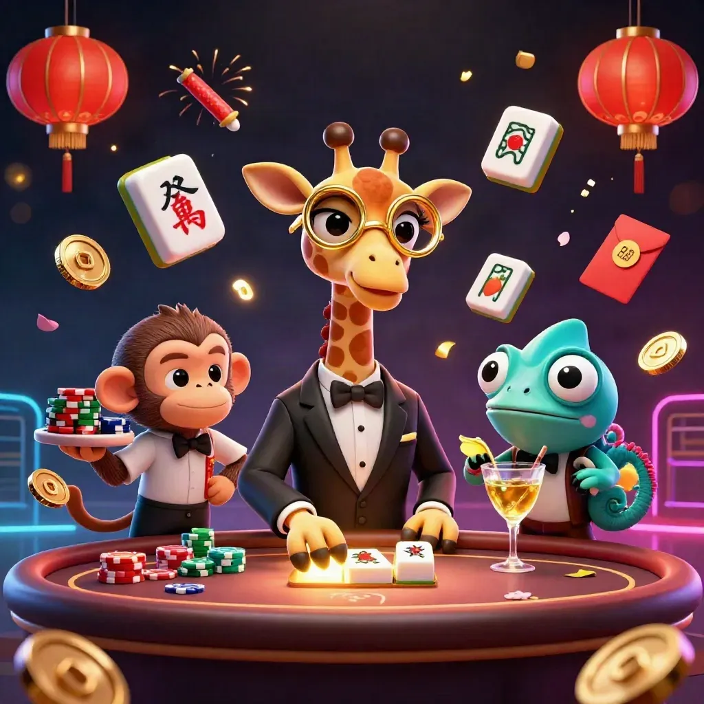 Giraffe high roller, monkey valet, and chameleon bartender amid neon teal casino effects.