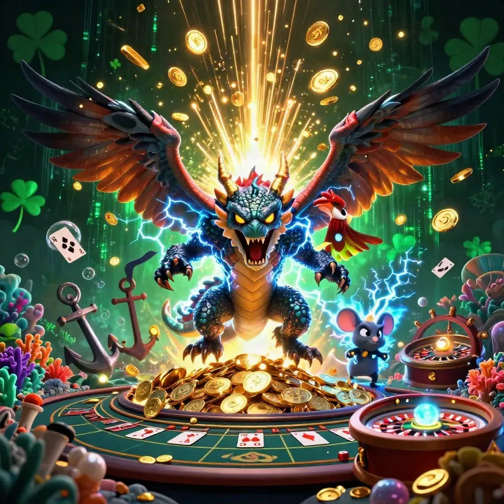 Thunder dragon, wind hawk and thunder-mouse amid coins, coral, cards and casino relics