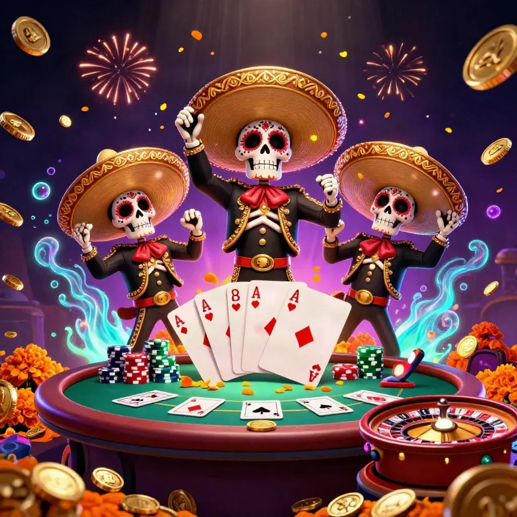 Skeleton mariachi trio amid vault coins, chips, cards, roulette spin and neon casino glow