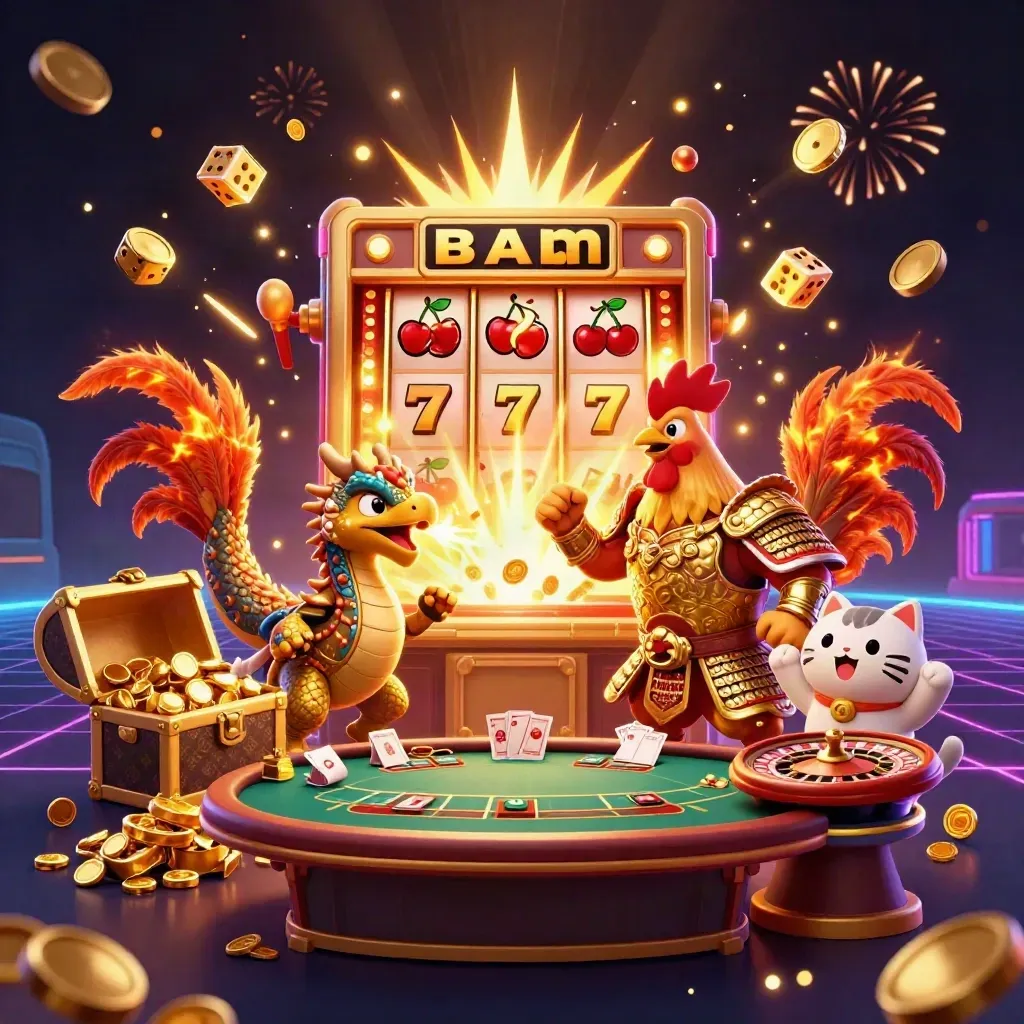 Rooster warrior, dragon hatchling, and fortune-cat amid exploding slots, gold coins, and neon casino lights.