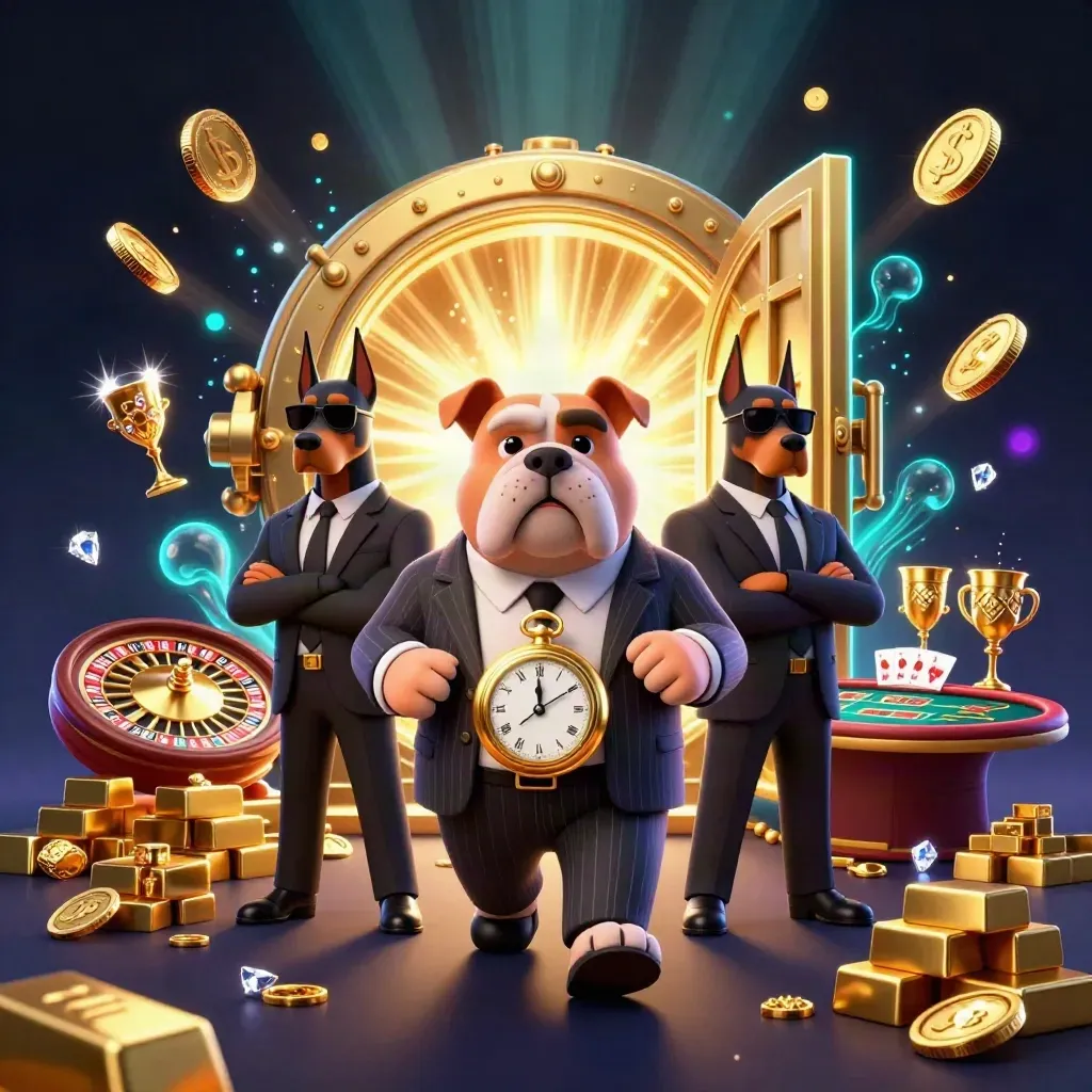 Bulldog boss and two Dobermans celebrate a vault burst with gold, gems, and casino lights.